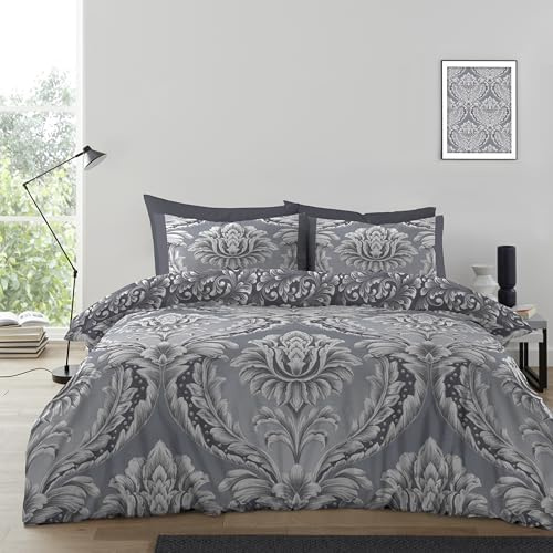 GC GAVENO CAVAILIA Damask Duvet Cover | Reversible Grey Single Duvet Cover Set With Pillow Case | Easy Care, Washable Polycotton Grey Bedding Sets Comforter Cover