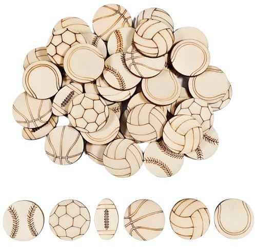 100 Stück Holz-Fußball-Ornamente, 2,5CM Holz Bastelset, Fußball Baseball Rugby Holzanhänger zum Bemalen DIY Deko Wohnzimmer (6 Style Ball Holzscheiben) (Holzfarbe 1)