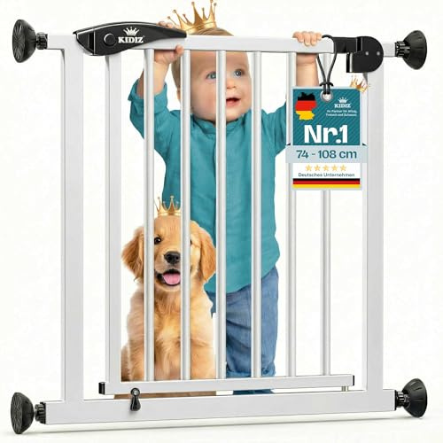 KIDIZ Treppenschutzgitter ohne Bohren | Verstellbare Breite: 102-108 cm, 75cm hoch, Türschutzgitter und Absperrgitter für Kinder und Hunde, Beidseitige Einhand Öffnung, 90° Open-Stop System, W/Schwarz