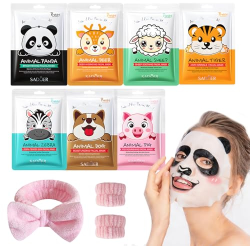 7X Mascarilla Facial Skincare Niña, Mascarilla Hidratante de Animales Set | Mascarilla con Diadema y Correa de Mano, Mascara Facial Calmante Iluminadora Face Mask Regalo Mujer para Belleza