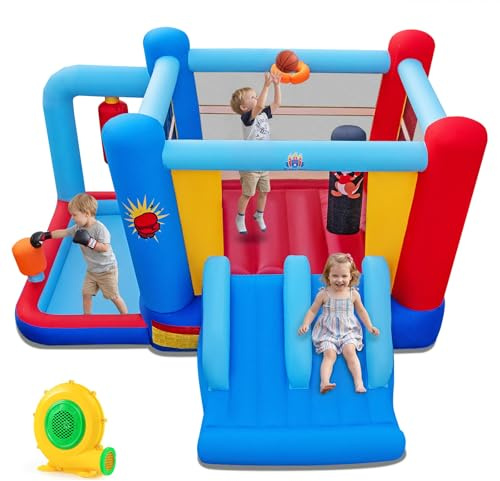 COSTWAY Hüpfburg mit Gebläse, Rutsche, Sprungbereich, Basketballkorb, Boxsäcken & Bällebad, Bouncy Castle für Kinder, Innen- und Außenbereich, 402 x 385 x 206 cm