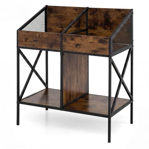 CASART 2-Tier Record Player Stand, 4-Grid Turntable Stand (Rustic Brown) | End Table with Display Shelves for 250 Albums, Metal Frame Vinyl Record Holder Storage Cabinet for Living Room Bedroom