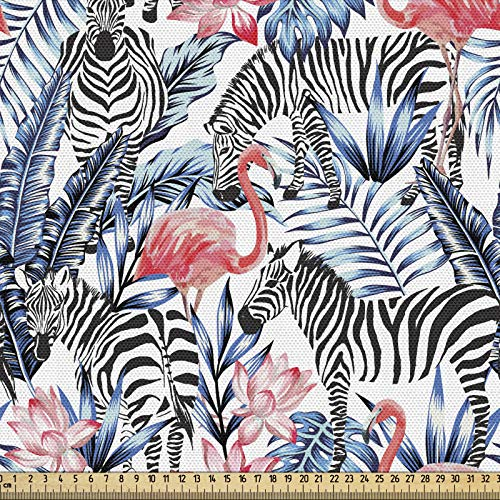 ABAKUHAUS Aquarell Gewebe als Meterware, Flamingo mit Zebra, Schön Gewebten Stoff für Polster und Wohnaccessoires, 1M (148x100cm), Schwarz Korallenrot Blau