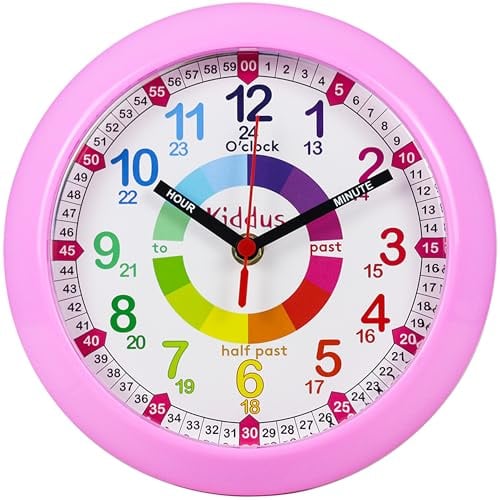 Kiddus Wanduhr Kinder & Lernuhr, 20cm Uhr für Kinderzimmer, Jungen & Mädchen, Lautlos ohne Ticken, Markierte Zeiger (Stunde & Minute), Pädagogisches Design - 02 Pink EN 20cm