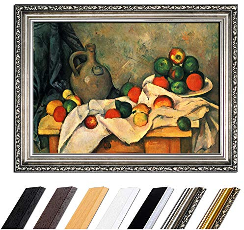 Bild mit Rahmen - Paul Cézanne Stillleben mit Vorhang, Krug und Obstschale 50x40 cm - Gerahmtes Leinwandbild Alte Meister - Antiker Rahmen Silber Barock, Klassisch