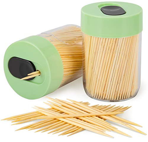 Urbanstrive Sturdy Safe Toothpick Holder with 800 Natural Wood Toothpicks for Teeth Cleaning, Unique Home Design Decoration, Unusual Gift, 2 Pack, Green | Upgraded Resistant Bend & Break Durable Tooth Picks for Teeth Cleaning DIY Crafts Appetizer Olive Barbecue Fruit Food