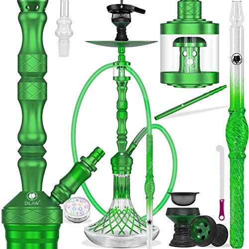DILAW® SKITTO Shisha Set Hookah Aluminium Alu 75cm Wasserpfeife Kaminkopf Komplettset Molassefänger Silikonschlauch Alu Glas-Mundstück Kaminaufsatz 18/8 schliff Edelstahl Tauchrohr, Grün