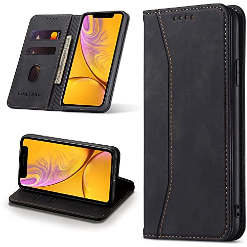 Leaisan Handyhülle für iPhone XR Hülle Premium Leder Flip Klappbare Stoßfeste Magnetische [Standfunktion] [Kartenfächern] Schutzhülle für iPhone XR Tasche - Schwarz