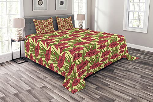 ABAKUHAUS Blume Tagesdecke Set, Gladiolen Muster, Set mit Kissenbezügen Maschienenwaschbar, 264 x 220 cm, Gelbe Koralle und Grün