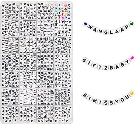 WangLaap 1120Pcs Acrylperlen 6x6mm Alphabet Buchstabenperlen quadratische Perlen mit Zahlen bunte Herzen (weiß)