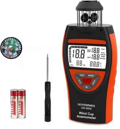 Digitaler Anemometer Windmesser,GR-8806 Handheld Windmesser,Anemometer misst Windgeschwindigkeit und Temperatur, LCD-Bildschirm Datenspeicherung unterstützt Stativschrauben