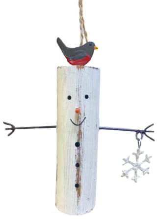 Shoeless Joe Weihnachtsbaumschmuck aus Holz mit Rotkehlchen und Schneeflocke