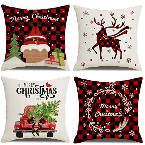 OCEUMACO Leinen Kissenbezug 50x50 Weihnachten Rot Kissenhülle 4er Set Quadrat Sofakissen Dekokissen Bezug für Couch Hirsch Weihnachtsdeko Kissen Kissenbezüge Outdoor Deko Zierkissen Couchkissen