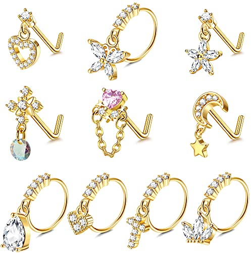Kakonia 10 Pcs 20G Dangle Nose Rings Stud for Women Dangling Nose Hoops Gold Silver Rosegold Black Stainless Steel Corkscrew CZ Butterfly Nose Ring Piercing Jewellery Set for Women