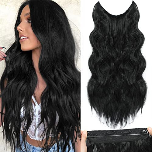 BUPPLER Haarverlängerung 50,8 cm Invisible Secret Hair Extensions Verstellbare Lange Gewellte Haarextension Synthetisches Upgrade 4 Sichere Clips in Haarteilen,Scharfschwarz