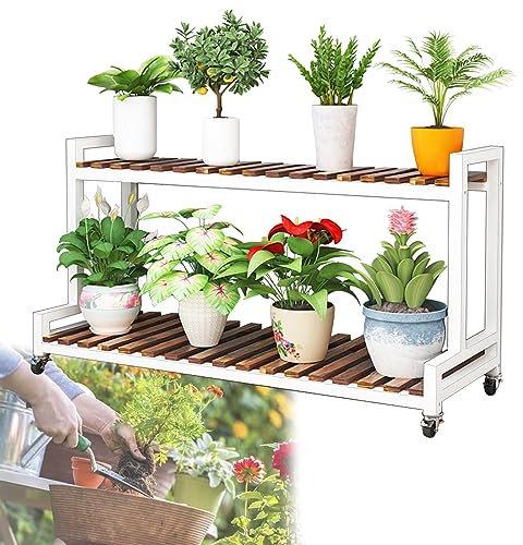LIGUOYI Blumentopf Dekos Blumentreppe 2 Ebenen 3 Ebenen Blumenregal, Pflanzenständer Für Drinnen Und Draußen, Stahlgestell Holz Regal Schuhablage Lagerregal Leiterregal, Lenkrolle Mit Bremse