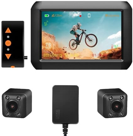 VSYSTO Bicycle Rear View Camera, Bluetooth Phone Mode, Waterproof 4 Inch Screen HD 1080P Front and Rear View Bike Dash Camera Bike Mirror, GPS, Temperature Display, G-sensor, Loop Recoring (Black-F3K)