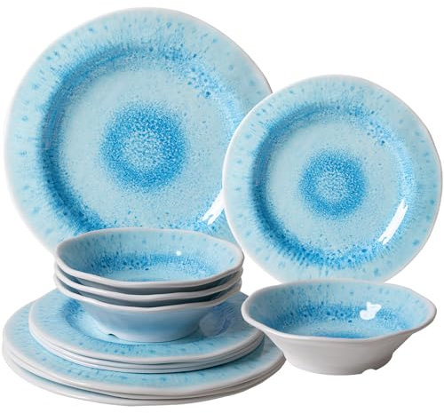 ZAROCRUS Melamine Plates and Bowls Set, 12-Piece Melamine Dinnerware dishes Sets for Indoor and Outdoor Use, Lightweight RV and Camping Dish Set for 4, BPA Free and Dishwasher Safe, Blue