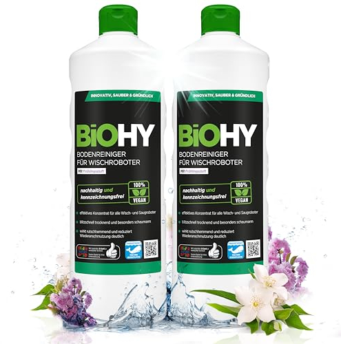 BiOHY Bodenreiniger für alle Wischroboter mit Frühlingsduft (2 x 1 liter) | Schaumarm & Streifenfrei|Nachhaltiges 1:200 Konzentrat für alle Böden