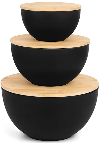 Winter Shore Saladier avec Couvercle (Lot de 3) - Bols et Saladiers pour Popcorn, Chips - Petit, Moyen & Grand Saladier Plastique - Couvercles en Bambou pour Découper