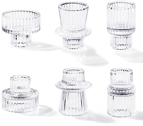 Toptime Candle Holders Set of 6, Glass Pinstripe Pattern, Reversible Tealight & Taper Holders for Wedding Dinner Party Festival