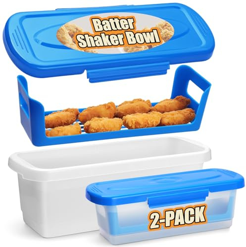 Batter Bowl with Lid, 2-Pack Fish Batter Shaker, Better Breader Shaker Bowl with Breading Shaker Tray, Batter Bowl with Lids Shaker for Frying Chicken Wings Fish Onion Rings Veggies