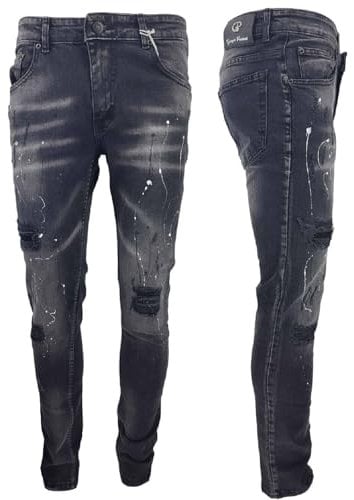 Men's Denim Jeans Peviani Slim Fit Stretch Ripped Paint Splatter Distressed Jean (UK, Waist, 34, Regular, Regular, Black)