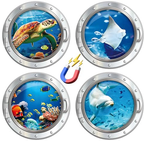 Cruise Ship Door Decorations Magnetic, 4 Pcs Large Porthole Sea Turtle Dolphin Ray Tropical Fish Cruise Magnets, Sea Animals Magnetic Ship Cabin Door Signs Fridge Decor