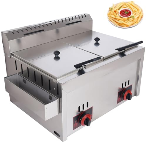 HENGCMM Professional Gas Fritteuse 20 L, Doppel Friteuse, Edelstahl, für Schnellrestaurants Snackbars
