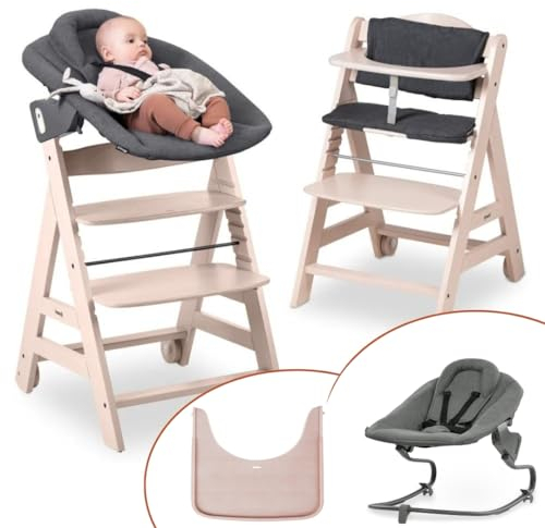 hauck Hochstuhl Beta+ Newborn Set Premium Dark Grey - Babyhochstuhl Set ab Geburt mit Neugeborenen Aufsatz Bouncer, Sitzpolster und Essbrett - Whitewashed