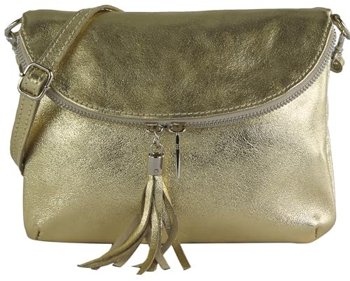 modamoda de T07L / T139L Damen Leder kleine Umhängetasche 2 Modelle handmade in Italy, Farbe:Lightgold Metallic