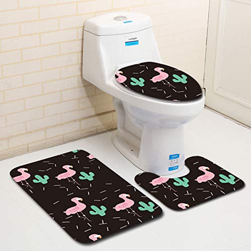 Bad Teppiche Set 3-Teiliges Kaktus Grüner Flamingo WC Vorleger Mit Ausschnitt Badematte Saugfähig WC Deckelbezug Badvorleger rutschfest Waschbar Toilettensitzbezug Badgarnitur (50x80cm)