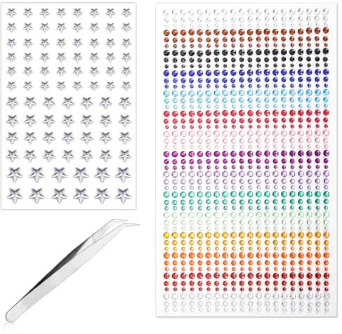 986pcs Self-Adhesive Face Rhinestones, 3/4/5mm Round Rainbow Face Gemstones with 6/8/10mm Silver Star Eye Gems Glitter Hair Jewels Stickers for Makeup Nail Body Women Girls