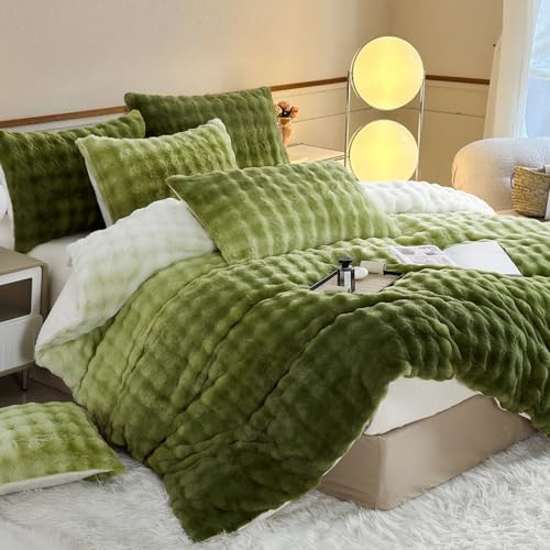 YASMENG Plüsch Bettwäsche 220x240 Winter Warm Farbverlauf Grün Plüsch Langhaar Bettwäsche Winter Super Weich Kuschelig Flauschige Bettwäsche 3 Teilig mit Reißverschluss und 2 Kissenbezüge 80x80 cm