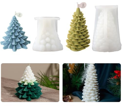 2 Pcs Moldes para Velas Navidad, 8,5x8,5cm+6,5x10,5cm, Moldes de Silicona para Árbol de Navidad, Reutilizables 3D Molde para Bricolaje Jabón Piedras de Aroma Hogar Decoración, Fácil de Desmoldar