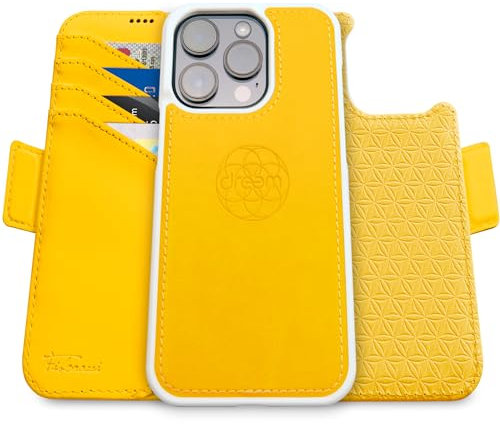 dreem for iPhone 16 Pro Max Case Wallet, Revolutionary Phone Stand, Vegan Leather, MagSafe-Fit, Magnetic Detachable Flip Cover, RFID Blocking Card Holder, Gift-Box [Fibonacci:Yellow]