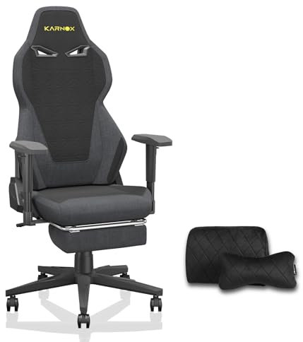 KARNOX Gaming Stuhl, Ergonomischer PC Stuhl, Atmungsaktiver Bürostuhl mit verstellbare Lendenkissen und Kopfkissen, Hochwertiger - Stoff, Verstellbarer Drehbarer Stühle mit Fußstütze,Grau und schwarz