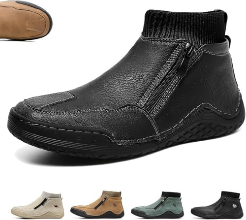 Stivali alti fatti a mano italiani, da uomo, in pelle, casual, con cuciture a mano, cerniera laterale, antiscivolo, da guida, traspiranti, leggere, ortopediche, da uomo (nero, 46 EU