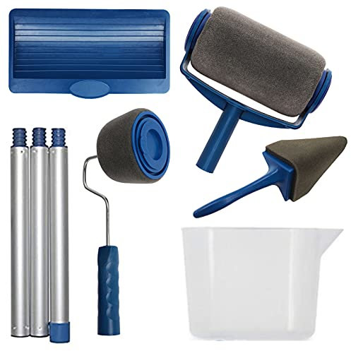 Lyneun Lot de 7 Rouleau Peinture avec Reservoir, Kit Peinture Mur et Plafond Professionnel avec Plateau et Poignée Extensible, Rouleaux de Peinture avec Rouleau de Bordure et Pinceau D'angle