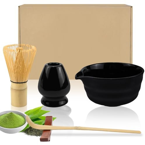 Raxfekro 5-Teiliges Matcha Set, Matcha Besen, Matcha-Schneebesen, Matcha Löffel, Matcha Schüssel mit Auslauf, Matcha Whisk, Keramik Matcha Tea Set (Schwarz)