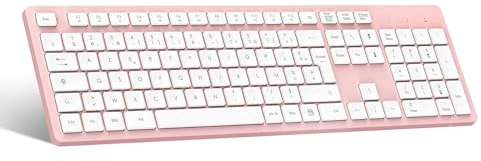 LeadsaiL Clavier sans Fil AZERTY Français Clavier USB avec Pavé Numérique avec 12 Raccourcis Multimédias Pleine Taille pour Windows 11 10, PC, Ordinateur Bureau, Portable-Rosa