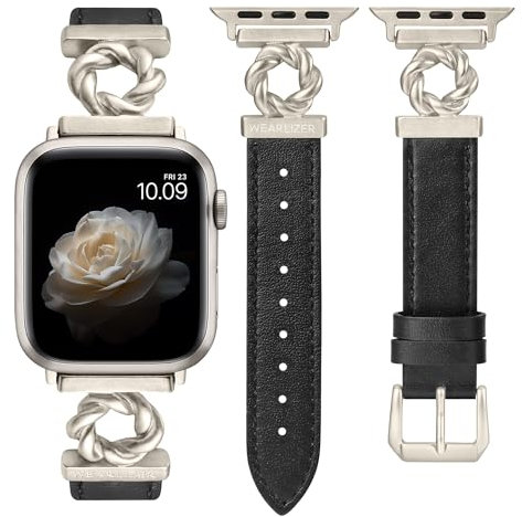 Wearlizer Lederarmband Kompatibel mit Apple Watch Armband 41/40/38/42mm Damen, Elegant Leder Armbänder mit Spiralform für iWatch Serie 10/9/8/7/6/5/4/3/2/1/SE, Schwarz/Polarstern