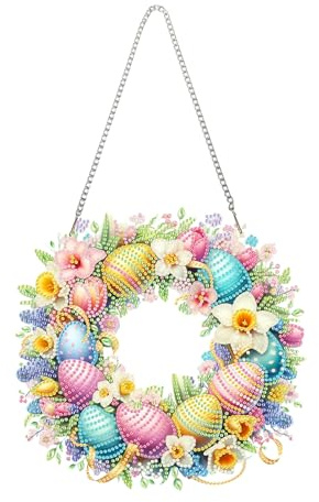 Diamond Painting Türkranz, 5D Diamond Painting Ostern Anhänger Osterhase Diamond Painting Kranz zum Aufhängen Ostereier Diamant Malerei Basteln Diamond Painting Frühling für Handwerk (D)