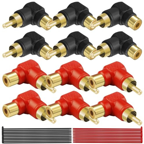 MKBKLLJY 12PCS Right Angle RCA Adapter M/F 90 Degree Elbow Gold-Plated RCA Male to RCA Female Connectors Right Angle Plug Adapters with Cable Ties, for Home Theater HDTV DVD Amplifiers Speaker