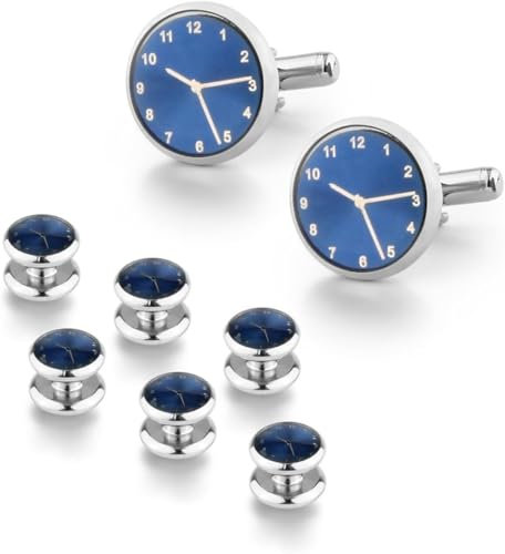dvegGEE Manschettenknöpfe, Herren-Smoking-Ohrstecker-Set in Uhrform, Manschettenknöpfe-Set mit Uhr, Hemd-Ohrstecker-Set for Business und Hochzeit(Blue)