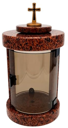 Grablaterne Friedhof wetterfest – Handgefertigte Grablampe aus Granit (6 kg), 30x16x16 cm, für Kerzen bis Ø 8 cm & 16 cm. Schwarz, Grau, Rot. Mit oder ohne Gedenkseite (Rot ohne Gedenkseite)