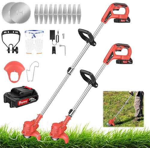 21V Cordless Strimmer, Telescopic Lightweight Grass Trimmer with 12x Metal Blades, 1500mAh Battery, 10,000 RPM, Electric Garden Strimmer Grass Cutter for Lawn Edger Pruning Weed, Red