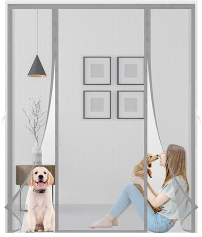 Mosquitera para Puerta(195x185cm,gris) Doble Apertura Lateral Puerta Corredera cortina de malla, junta magnética de arriba a abajo con cierre automático,mantiene el aire fresco en el interior