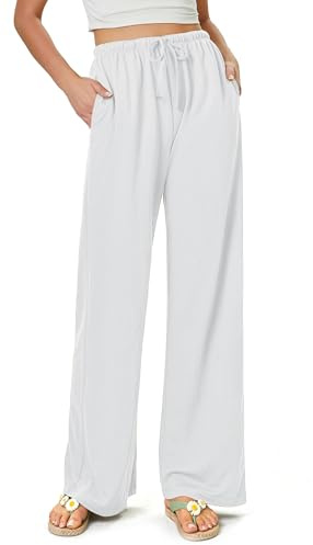 Glacspyg Damen Hosen Flowy Wide Leg Freizeithose Casual Beach Strandhose High Waisted Kordelzug Palazzo Hosen mit Taschen Weiß M