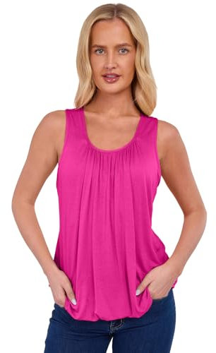 NetSetUK Women Bubble Hem Straps Vest Top Sleeveless Round Pleated Scoop Neckline Vest Summer Ladies Loose Fit Elasticated Camisole Swing Waist Top Fuchsia Pink